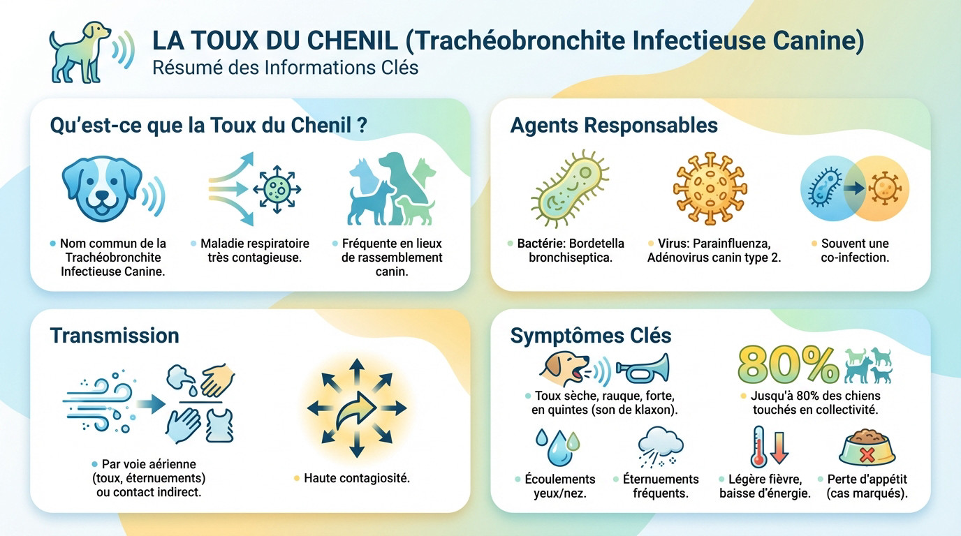 Infographie résumant les symptômes et la transmission de la toux du chenil