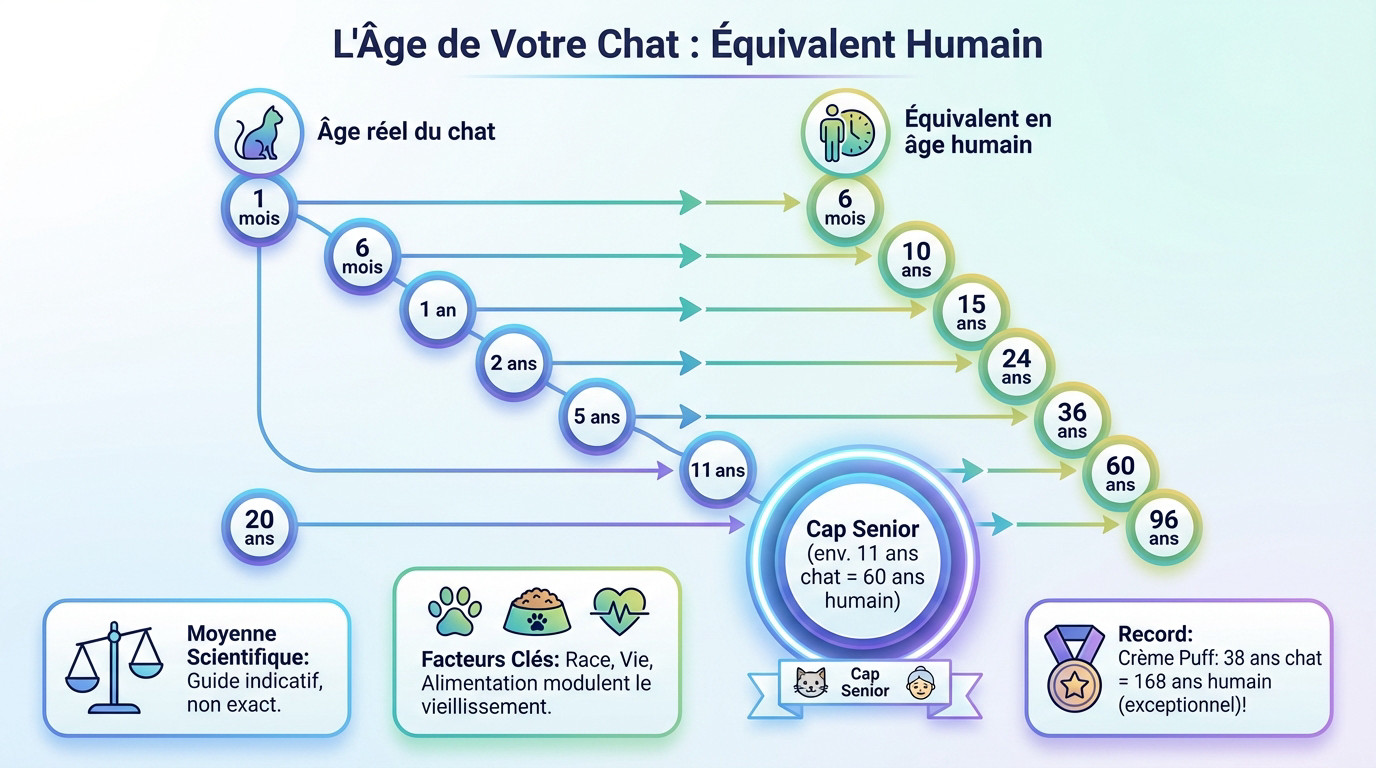 Tableau visuel montrant la correspondance entre l'âge du chat et l'âge humain