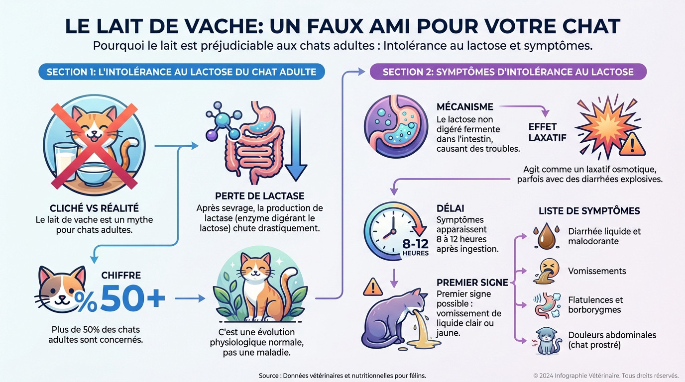 Chat adulte hésitant devant un bol de lait de vache, illustrant les risques d'intolérance au lactose
