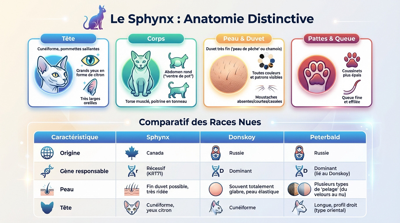 Comparaison anatomique et caractéristiques physiques du chat Sphynx et autres races nues