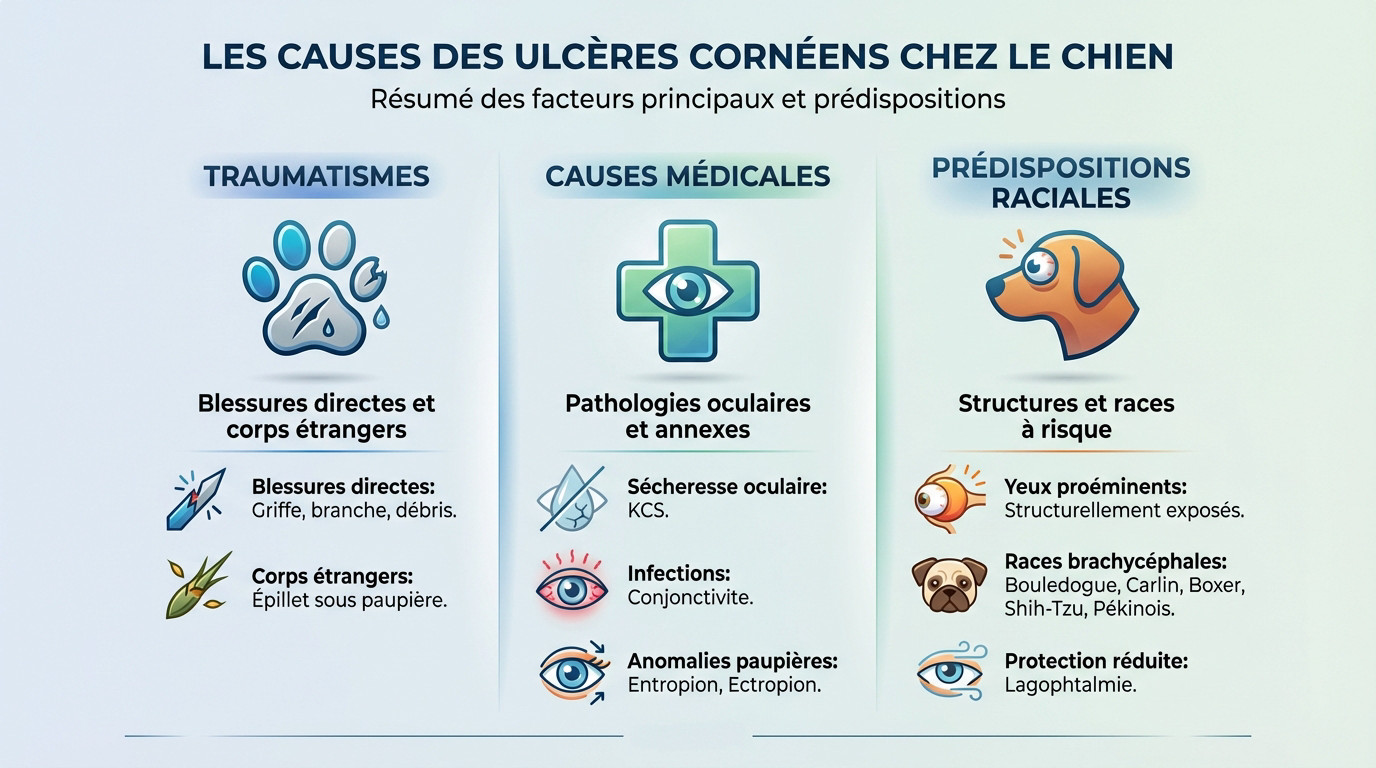 Chien brachycéphale avec un ulcère à l'œil examiné par un vétérinaire
