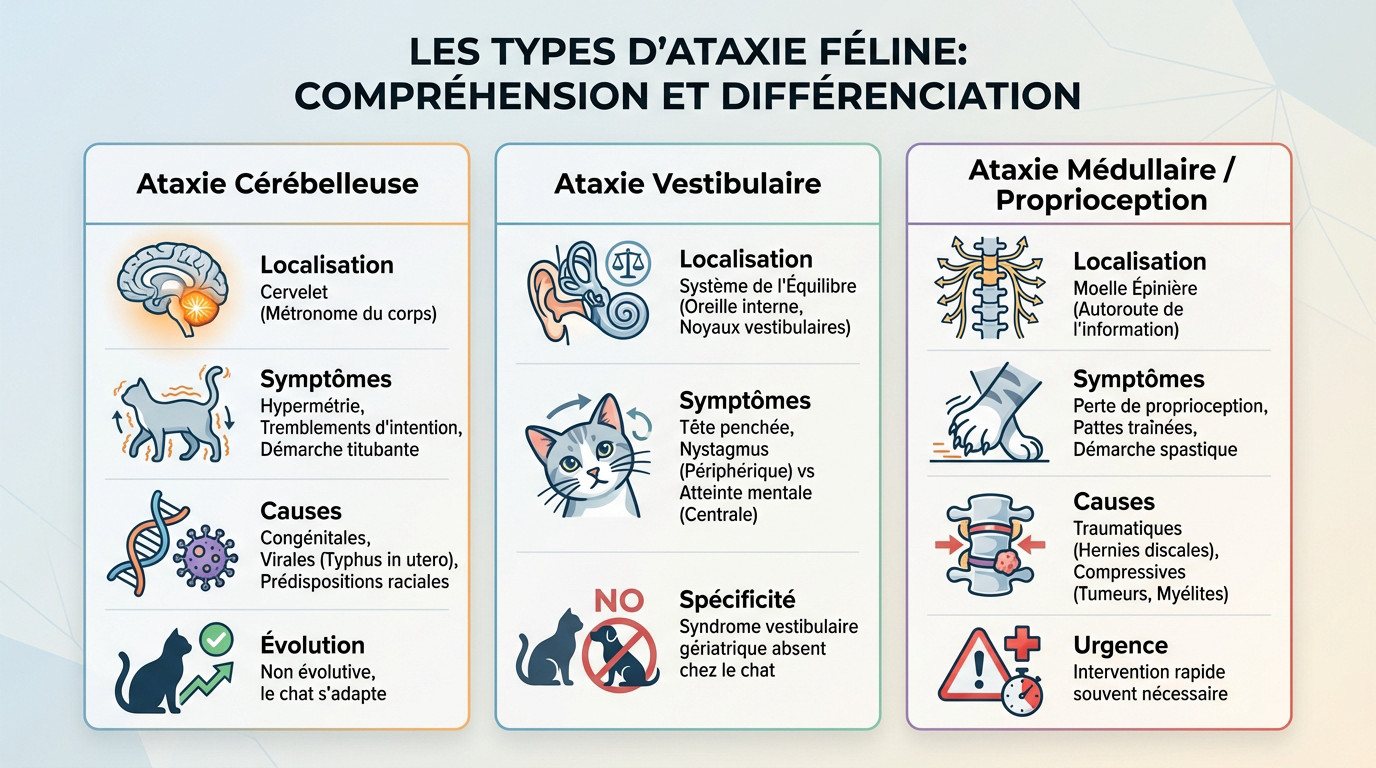 Schéma explicatif des trois types d'ataxie chez le chat : cérébelleuse, vestibulaire et médullaire