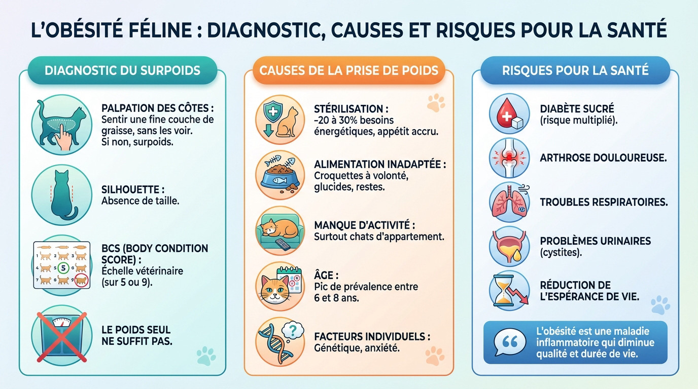 Vétérinaire palpant les côtes d'un chat pour évaluer son score corporel et diagnostiquer un surpoids