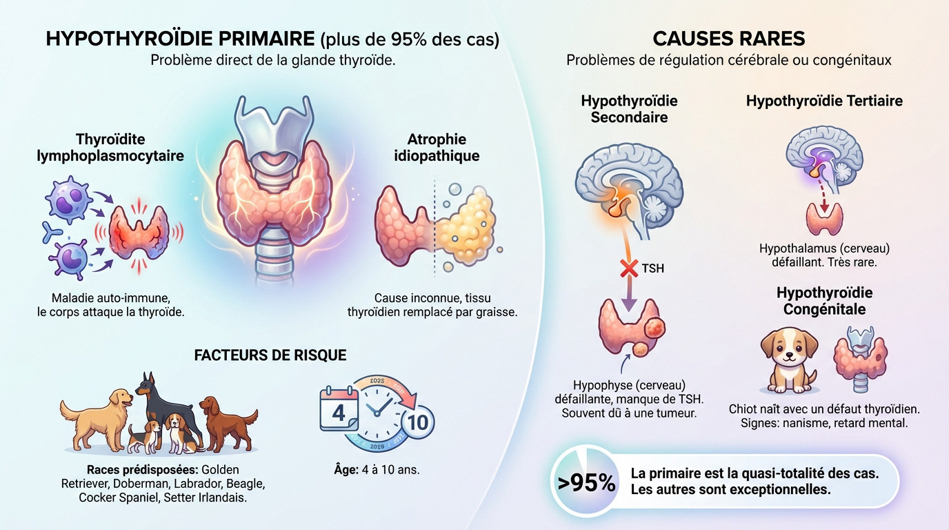Schéma vétérinaire illustrant les causes de l'hypothyroïdie canine et la thyroïde