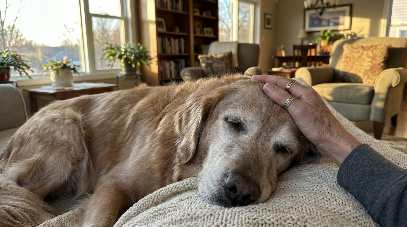A senior Golden Retriever sleeps peacefully on a soft blanket, a hand gently petting its head in a warm, sunlit home setting.