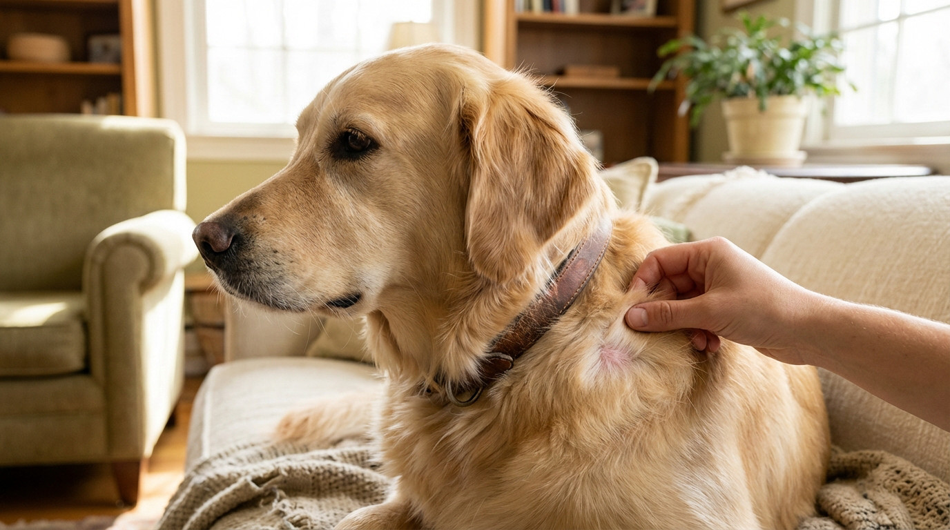 A Golden Retriever on a cozy couch, a hand gently reveals a mild skin irritation on its shoulder in a warm home.