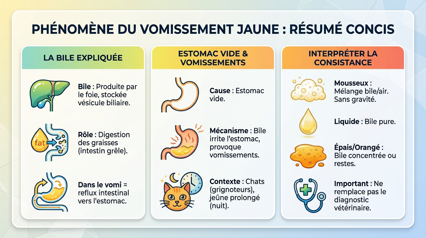 Schéma explicatif du vomissement bilieux jaune chez le chat et ses mécanismes digestifs