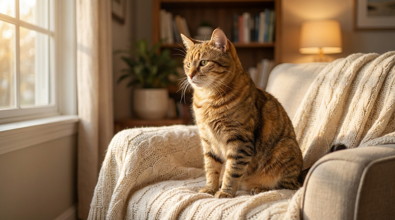 A brown tabby cat sits on a cream knitted blanket on an armchair, looking pensively towards a sunlit window in a cozy living room.