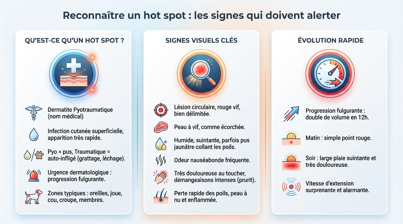 Chien présentant une lésion de hot spot rouge et suintante sur le flanc