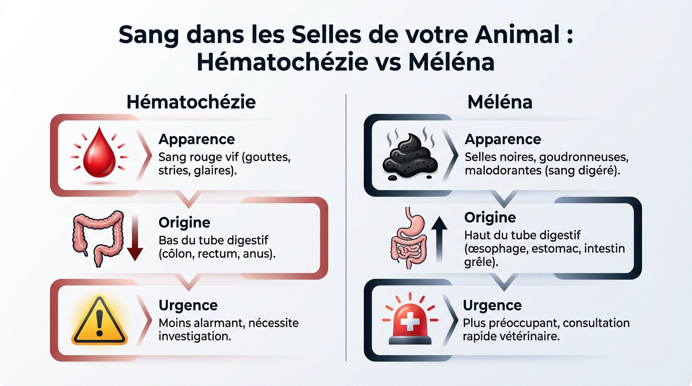 Schéma explicatif vétérinaire comparant l'hématochézie (sang rouge) et le méléna (selles noires) chez le chat