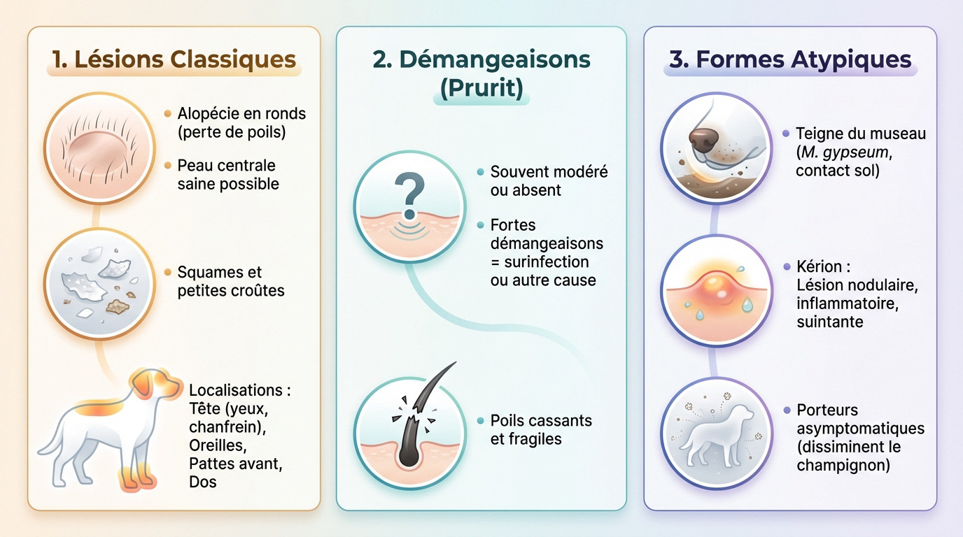 Chien présentant une lésion circulaire dépilée typique de la teigne sur le museau