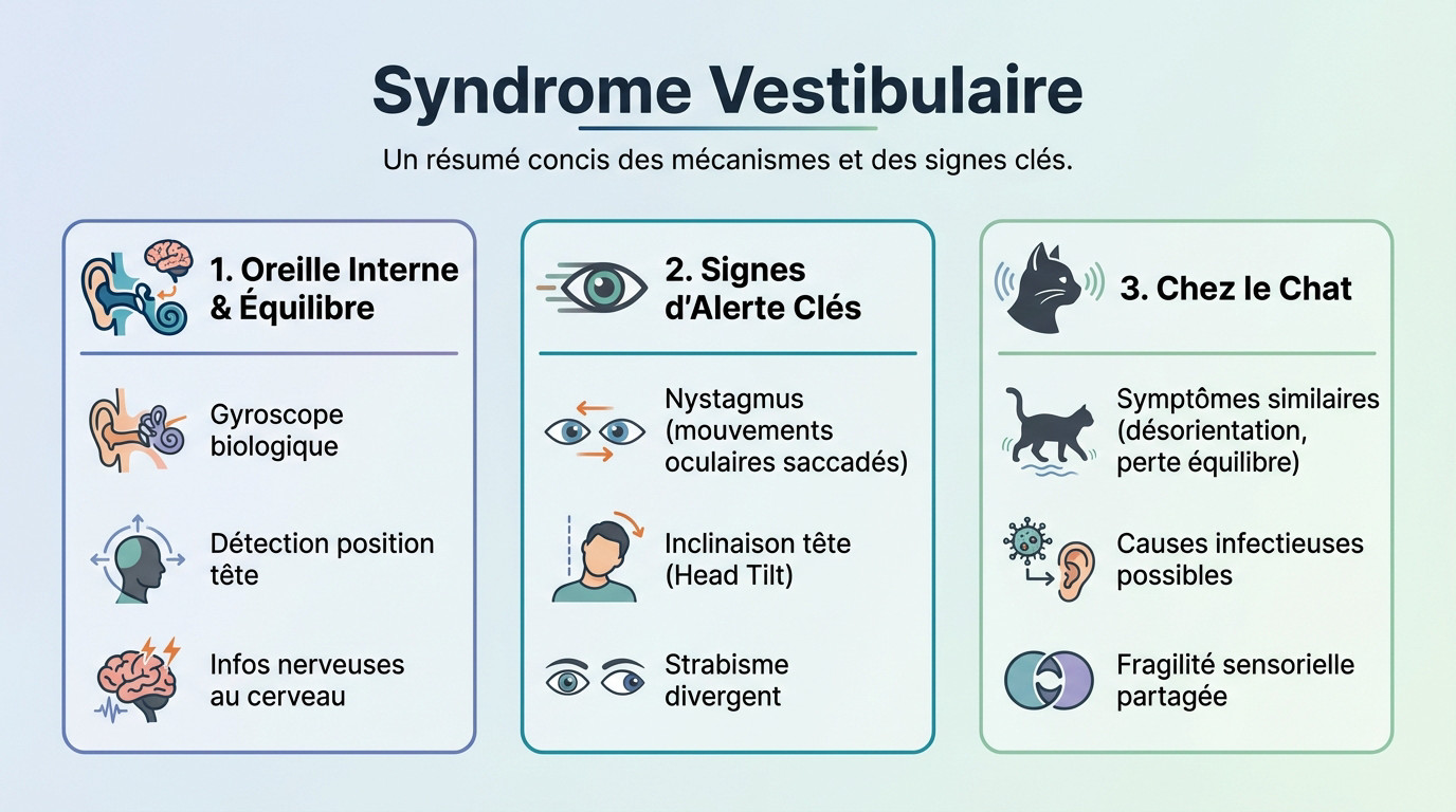 Schéma explicatif des mécanismes de l'équilibre et des signes cliniques du syndrome vestibulaire