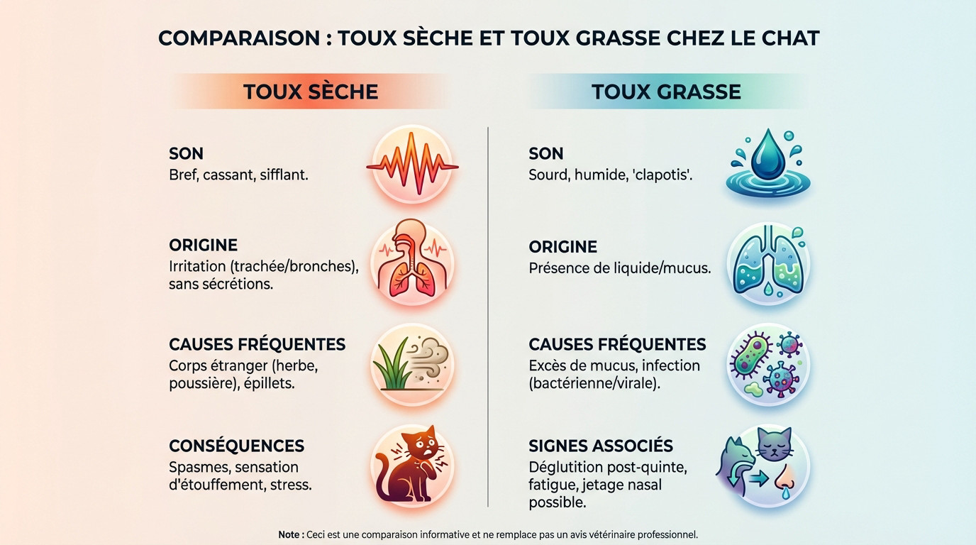 Illustration vétérinaire comparant la toux sèche et la toux grasse chez le chat pour identifier les causes