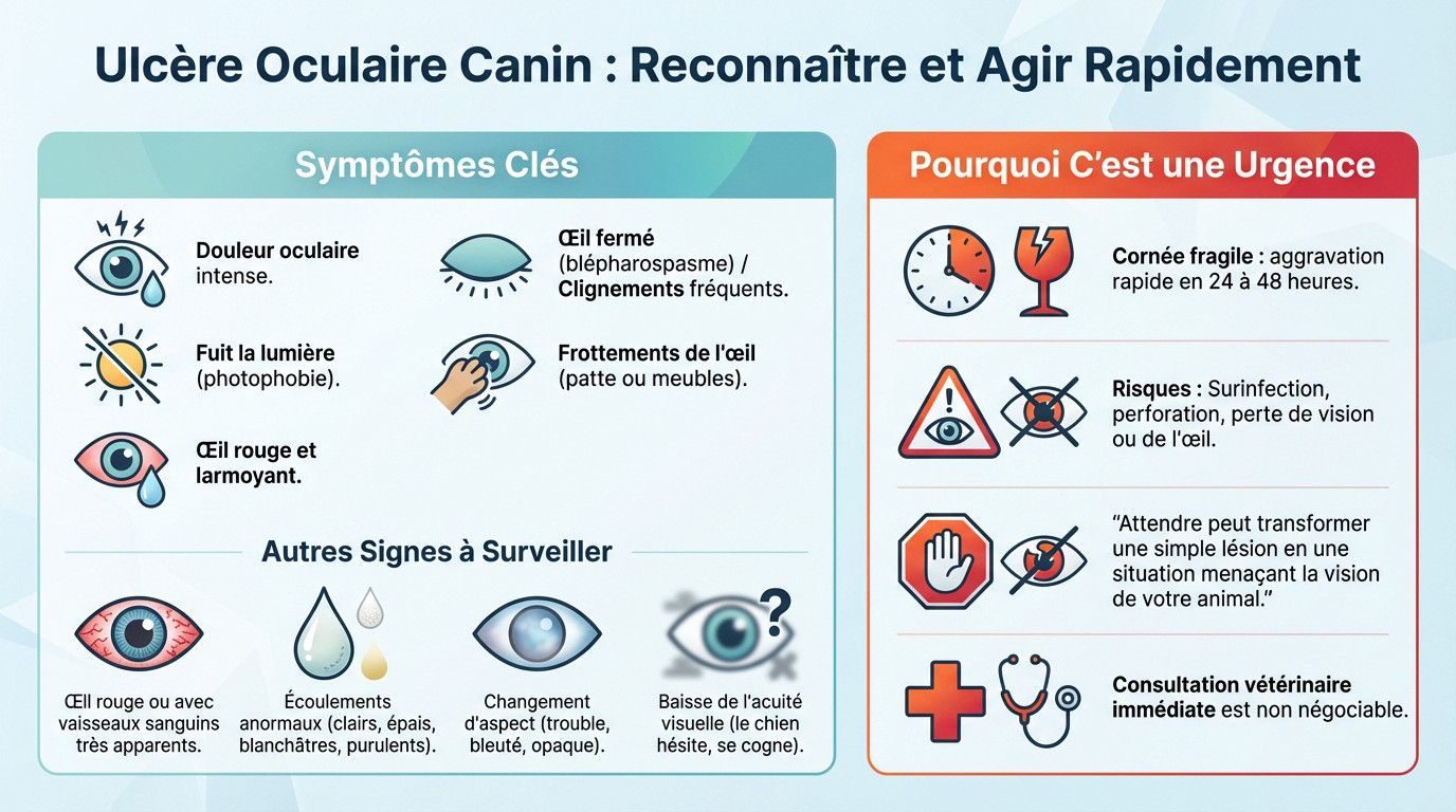 Chien présentant un ulcère oculaire avec l'œil fermé et larmoyant