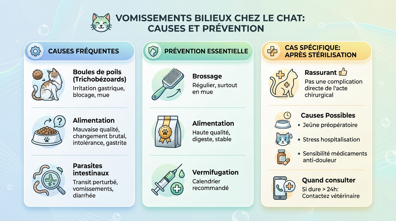 Chat tigré assis à côté d'une flaque de vomi jaune sur du parquet