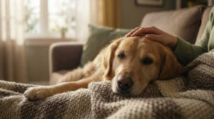 Un golden retriever roux repose sur une couverture. Une main humaine le caresse doucement sur la tête, signe d'apaisement.