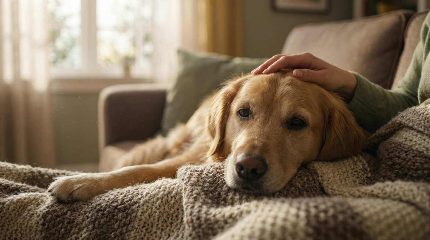 Un golden retriever roux repose sur une couverture. Une main humaine le caresse doucement sur la tête, signe d'apaisement.