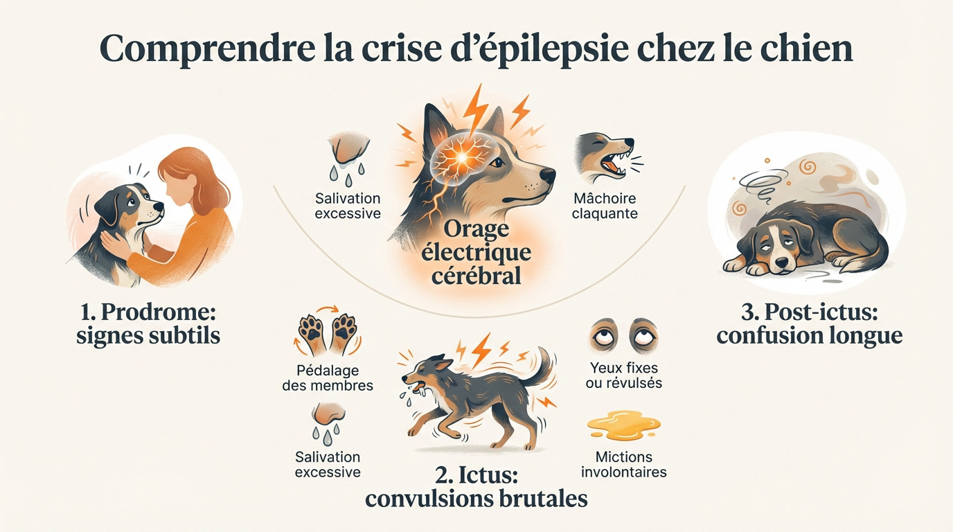 Infographie sur les phases et symptômes de la crise d'épilepsie canine