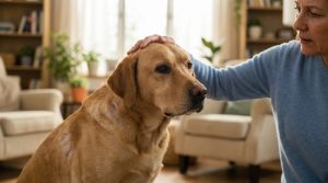 Une femme réconforte son labrador présentant des signes d'alopécie dans un salon chaleureux. Sa main est posée sur la tête du chien.