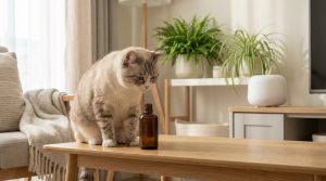 Un chat tigré clair regarde avec curiosité un flacon ouvert d'huile essentielle sur une table en bois. Un diffuseur est visible en arrière-plan.